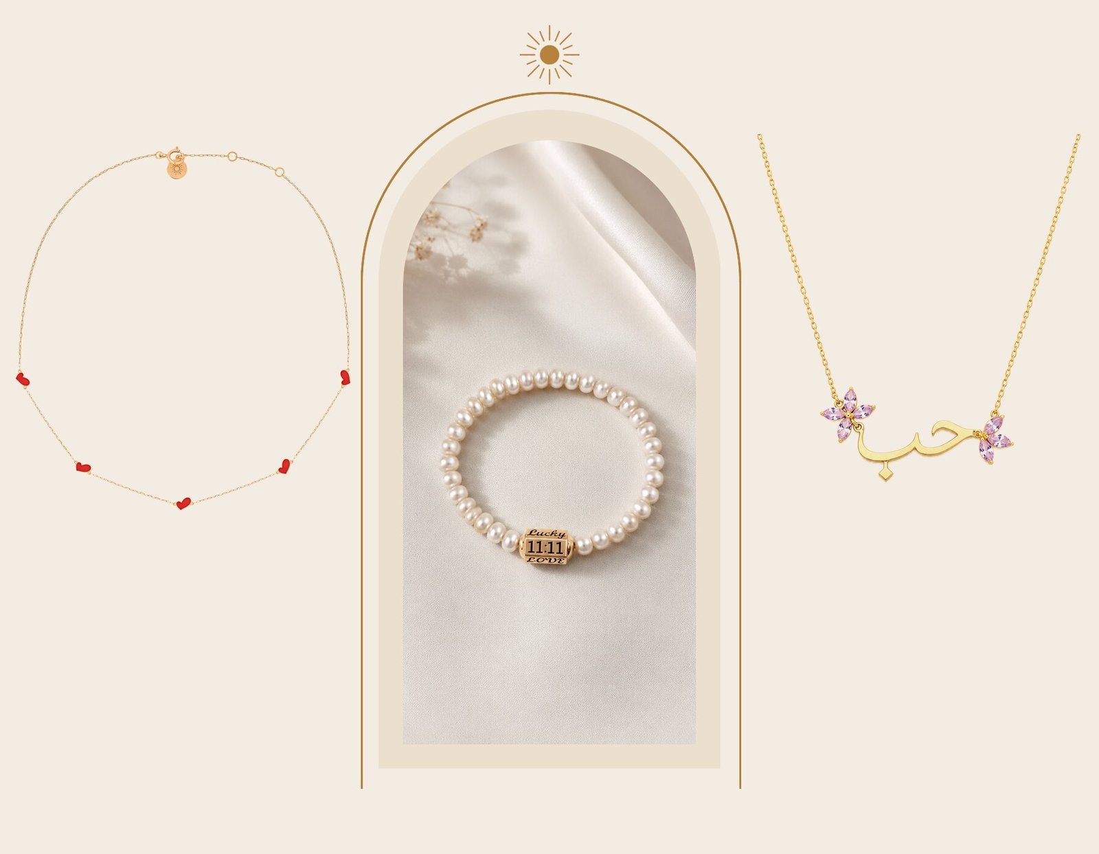 LUMI 11:11 pearl bracelet with the Heart Necklace and Arabic Love necklace in 18K gold
